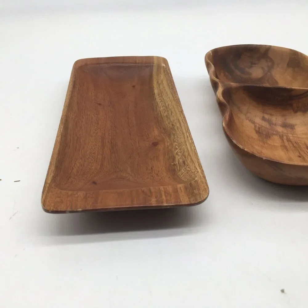 Vtg MCM 3 Hawaiian Kamani Carved Exotic Oblong Wood Bowls Scalloped 9” Divided